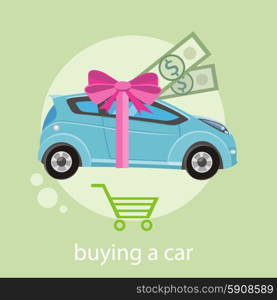 Buying car concept. Gift car and red ribbon with dollars money in flat design cartoon style on stylish background. Gift car and red ribbon