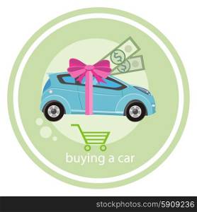Buying car concept. Gift car and red ribbon with dollars money in flat design cartoon style on stylish background. Gift car and red ribbon