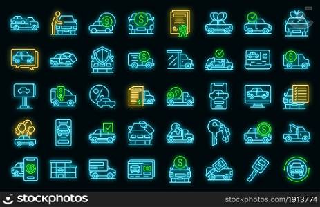 Buying car icons set. Outline set of buying car vector icons neon color on black. Buying car icons set vector neon
