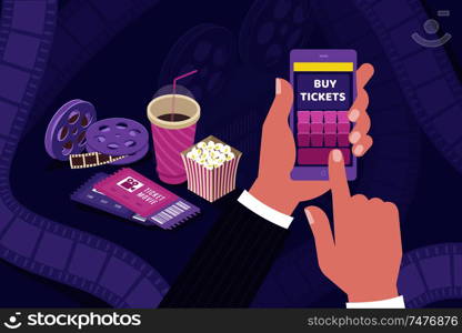 Buying cinema tickets online isometric composition with holding smartphone hand popcorn movie film bobbins background vector illustration