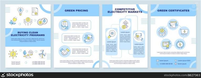 Buying clean electricity brochure template. Sustainable power. Leaflet design with linear icons. Editable 4 vector layouts for presentation, annual reports. Arial-Black, Myriad Pro-Regular fonts used. Buying clean electricity brochure template