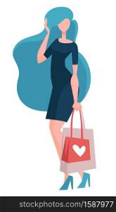 Buying clothes on sale, woman on shopping with bags and purse isolated female character vector. Girl in skinny dress carrying packages, discount. Stylish outfit and paper packs, supermarket or mall. Woman on shopping, bags or packs, buying clothes on sale