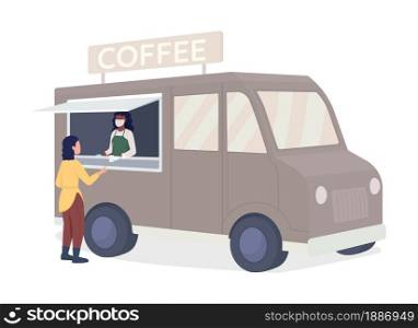 Buying coffee from van semi flat color vector character. Talking figures. Full body people on white. Fall activity isolated modern cartoon style illustration for graphic design and animation. Buying coffee from van semi flat color vector character