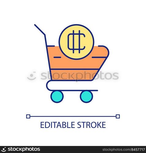 Buying cryptocurrency RGB color icon. Shopping cart and digital token. Stock market service. Isolated vector illustration. Simple filled line drawing. Editable stroke. Arial font used. Buying cryptocurrency RGB color icon