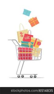 Buying Gifts on Sale Vector in Flat Design. Buying gifts on sale. Shopping trolley full of gift boxes with discount percents tags flat vector illustration isolated on white background. Holiday purchases in supermarket. For store promotioms ad. Buying Gifts on Sale Vector in Flat Design