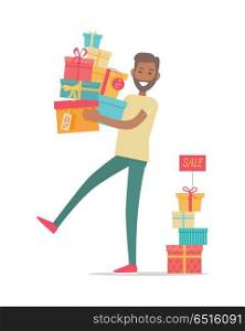 Buying Gifts on Sale Vector in Flat Design. Buying gifts on sale. Smiling man standing with presents in color boxes with discounts percents on tags flat style vector isolated on white background. Holiday shopping in supermarket. For store ad. Buying Gifts on Sale Vector in Flat Design