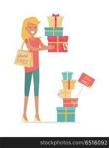 Buying Gifts on Sale Vector in Flat Design. Buying gifts on sale. Smiling woman standing with presents in color boxes with discounts percents on tags flat style vector isolated on white background. Holiday shopping in supermarket. For store ad. Buying Gifts on Sale Vector in Flat Design