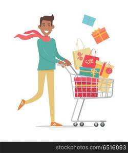 Buying Gifts on Sale Vector in Flat Design. Buying gifts on sale. Smiling man carrying on shopping cart gift boxes with discount percents tags flat vector illustration isolated on white background. Holiday purchases in supermarket. For store ad. Buying Gifts on Sale Vector in Flat Design