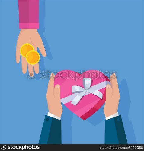Buying gifts vector in flat design. Surprise in colored box with ribbon. Hands with packed present and coins. For shopping, holiday sales, discounts concepts, event management companies . Making Gifts Vector Concept in Flat Design. Making Gifts Vector Concept in Flat Design