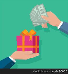 Buying gifts vector in flat design. Surprise in colored box with ribbon. Hands with packed present and dollar bills. For shopping, holiday sales, discounts concepts, event management companies . Making Gifts Vector Concept in Flat Design. Making Gifts Vector Concept in Flat Design