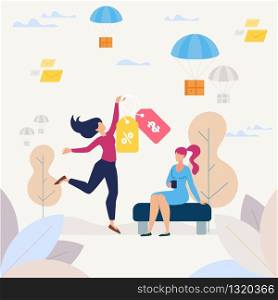 Buying Goods on Shop Sale, Purchasing with Discount Flat Vector Concept. Happy Woman Dancing with Price Tags, Female Buyer Celebrating Successful Shopping, Parcels Falling on Parachutes Illustration