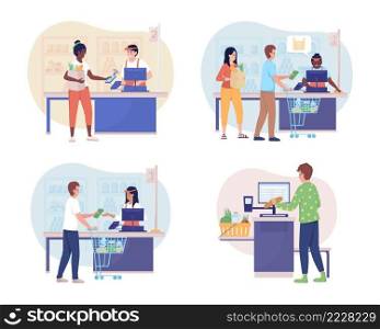 Buying groceries in shop 2D vector isolated illustration set. Customers and cashier flat characters on cartoon background. Selling product in supermarket colourful scene collection. Buying groceries in shop 2D vector isolated illustration set
