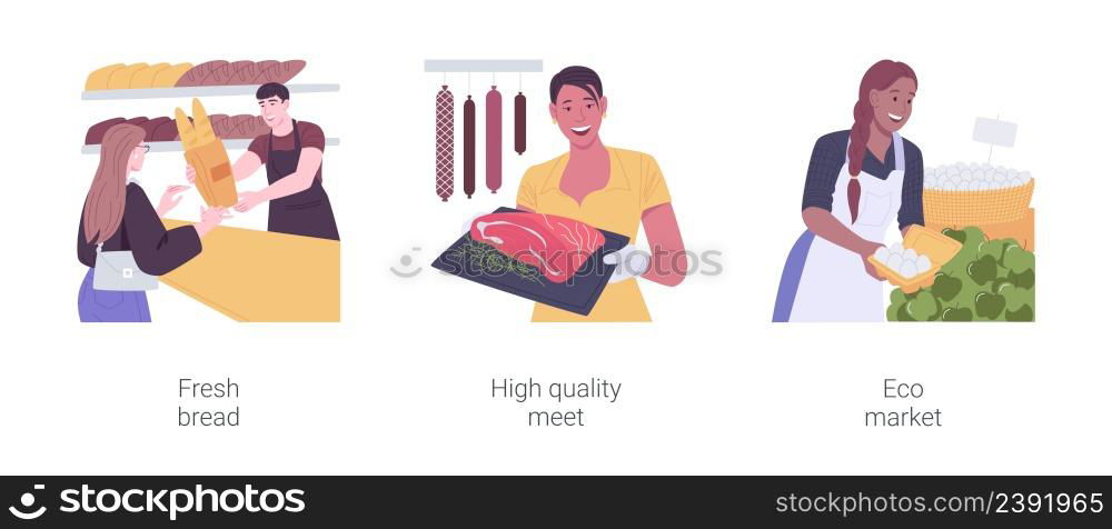 Buying groceries isolated cartoon vector illustrations set. Customer buying fresh bread at the bakery, high quality meet, butcher shop, farmer organic products, eco market stall vector cartoon.. Buying groceries isolated cartoon vector illustrations set.