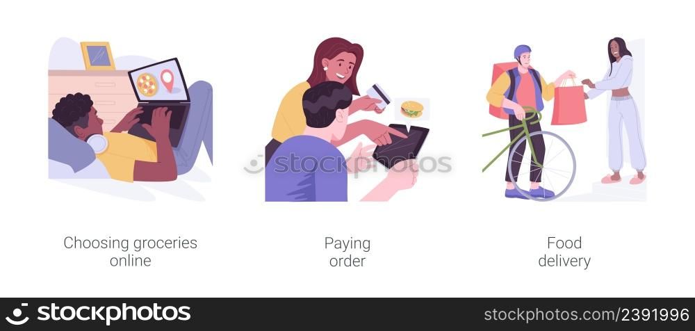 Buying groceries online isolated cartoon vector illustration set. Choosing and ordering essentials with laptop, paying order online, grocery shopping via internet, food delivery vector cartoon.. Buying groceries online isolated cartoon vector illustrations set.