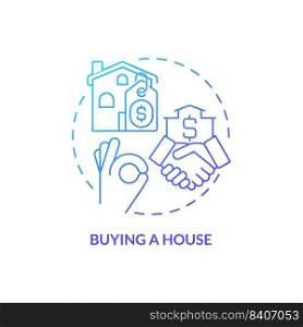 Buying house blue gradient concept icon. Life skill abstract idea thin line illustration. Homebuying process. First-time house purchase. Isolated outline drawing. Myriad Pro-Bold font used. Buying house blue gradient concept icon
