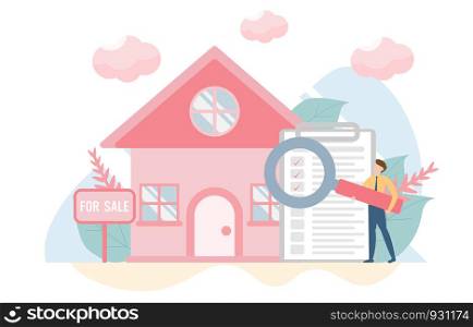 Buying house concept with character.Creative flat design for web banner