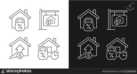 Buying house linear icons set for dark, light mode. Home mortgage. Accomodation purchase. Real estate. Property sale. Thin line symbols for night, day theme. Isolated illustrations. Editable stroke. Buying house linear icons set for dark, light mode