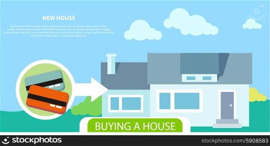 Buying house money from card for home. Real estate concept in flat design cartoon style on stylish background. Buying house