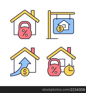 Buying house RGB color icons set. Home mortgage. Accomodation purchase. Real estate prices. Property sale. Isolated vector illustrations. Simple filled line drawings collection. Editable stroke. Buying house RGB color icons set