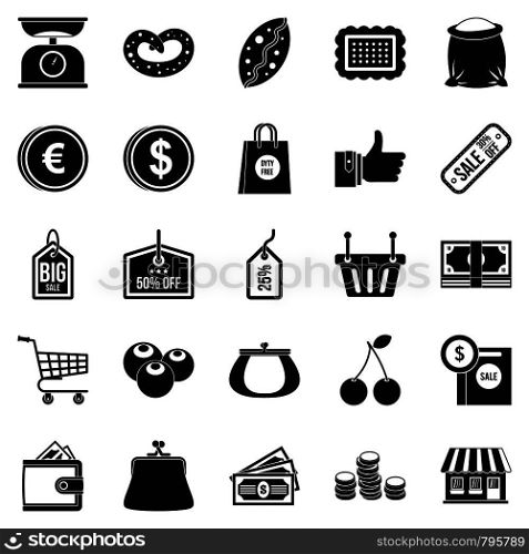 Buying in store icons set. Simple set of 25 buying in store vector icons for web isolated on white background. Buying in store icons set, simple style