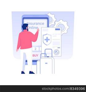 Buying insurance online isolated concept vector illustration. Man buying travel insurance using smartphone, business industry, modern technology, get a policy online vector concept.. Buying insurance online isolated concept vector illustration.