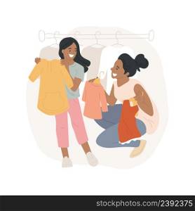 Buying kids clothes isolated cartoon vector illustration Choosing clothes together, shopping mall, mom holding many girl dresses, happy daughter trying on, buying kids apparel vector cartoon.. Buying kids clothes isolated cartoon vector illustration