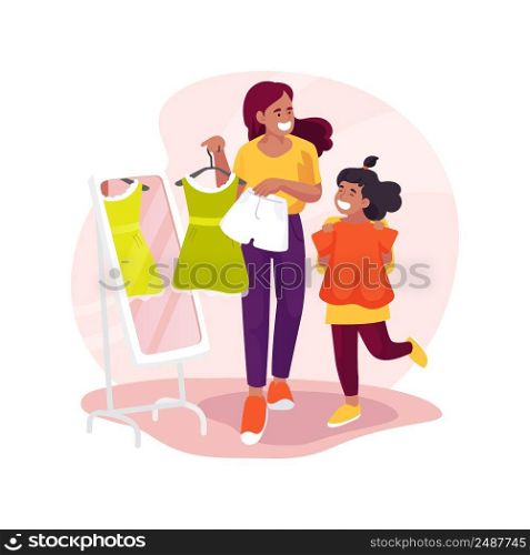 Buying kids clothes isolated cartoon vector illustration. Choosing clothes together, shopping mall, mom holding many girl dresses, happy daughter trying on, buying kids apparel vector cartoon.. Buying kids clothes isolated cartoon vector illustration.