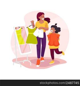 Buying kids clothes isolated cartoon vector illustration. Choosing clothes together, shopping mall, mom holding many girl dresses, happy daughter trying on, buying kids apparel vector cartoon.. Buying kids clothes isolated cartoon vector illustration.