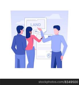 Buying land isolated concept vector illustration. Group of business partners buys building land, real estate business, talking with realtor, brokerage company, money investment vector concept.. Buying land isolated concept vector illustration.