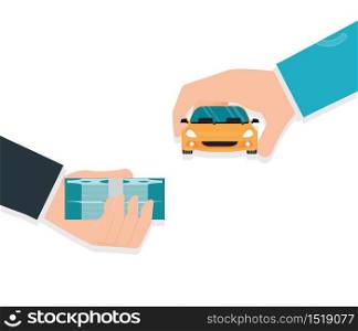 Buying new car conceptual, Hand holding car and money, Rental or sale for car, Sell automobile,Flat style vector illustration.
