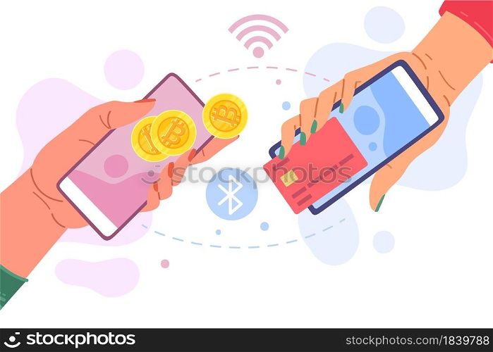 Buying or selling bitcoins. Cartoon hands with smartphones exchange cryptocurrency for money. Virtual financial transaction of BTC coins to banking credit card. Mobile crypto commerce. Vector concept. Buying or selling bitcoins. Hands with smartphones exchange cryptocurrency for money. Financial transaction of BTC coins to banking credit card. Mobile crypto commerce. Vector concept