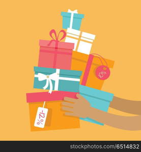 Buying presents on sale concept. Color gift boxes with discounts tags in human hands flat vector illustration on orange background. Black friday. Winter holidays. For seasonal sales and promotions. Holiday Sales Vector Concept in Flat Design. Holiday Sales Vector Concept in Flat Design