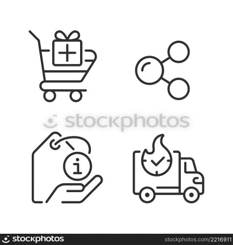 Buying products on internet pixel perfect linear icons set. Express delivery. Product description. Customizable thin line symbols. Isolated vector outline illustrations. Editable stroke. Buying products on internet pixel perfect linear icons set