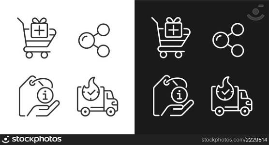 Buying products on internet pixel perfect linear icons set for dark, light mode. Express delivery. Product description. Thin line symbols for night, day theme. Isolated illustrations. Editable stroke. Buying products on internet pixel perfect linear icons set for dark, light mode