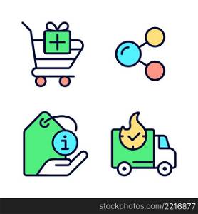 Buying products on internet pixel perfect RGB color icons set. Express delivery. Product description. Isolated vector illustrations. Simple filled line drawings collection. Editable stroke. Buying products on internet pixel perfect RGB color icons set