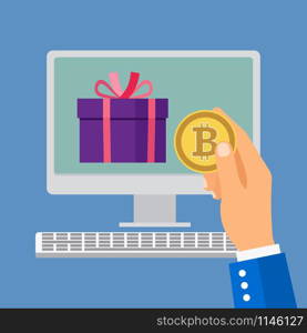 Buying products online by bitcoin. Businessman hand holding bitcoin, vector illustration. Online shopping with bitcoin