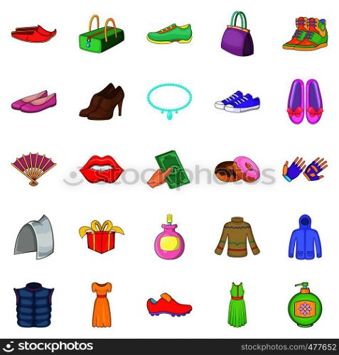 Buying shoes icons set. Cartoon set of 25 buying shoes vector icons for web isolated on white background. Buying shoes icons set, cartoon style