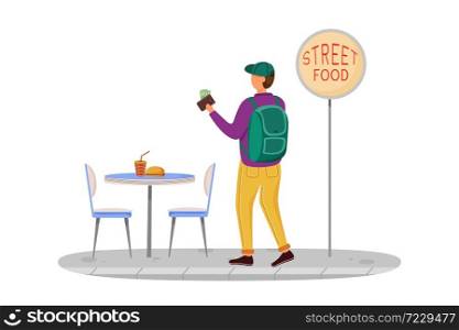 Buying street food flat vector illustration. Cheap travelling ideas. Eating not expensive meal. Snack ideas for youth. Budget tourism isolated cartoon character on white background. Buying street food flat vector illustration
