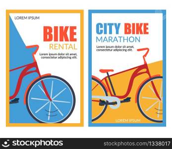 Bycicle Rental. City Bike Marathon Vector Banner Set. Physical Activity, Healthy Leisure, Urban Travel, Tourism. Eco Transportation. Cycling Race Competition. Bike Rent Service Mobile Application. Bycicle Rental City Bike Marathon Vector Banner