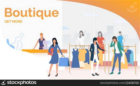 Byers choosing and buying clothes in boutique. Fashion outlet, boutique concept. Poster or landing template. Vector illustration for topics like business, shopping, sale