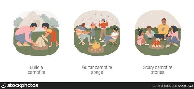 C&fire activities isolated cartoon vector illustration set. Father and son build c&fire, summer holiday c&ing activity, guitar bonfire songs, tell scary stories in the dark vector cartoon.. C&fire activities isolated cartoon vector illustration set.