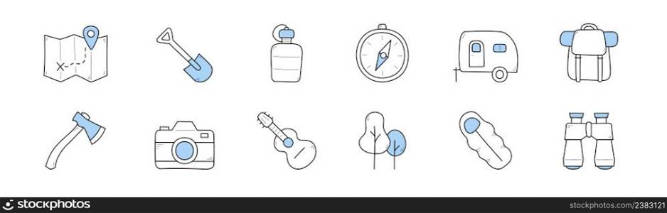 C&icons with backpack, guitar, map, compass and binocular. Vector set of sketch symbols of hiking and travel equipment, car trailer, shovel, bottle, photo camera, sleeping bag and axe. C&icons with backpack, guitar, map, compass