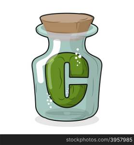 C in scientific laboratory bottle. Letter in a magic bottle with a wooden stopper. Vector illustration. Capacity for research
