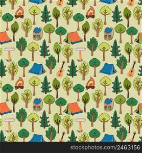 C&ing and hiking background seamless pattern of tents in a forest of trees with c&fires  rucksacks  backpacks  guitars and trail markers  vector illustration in square format