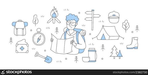 C&ing and hiking doodle concept. Tourist with rucksack holding map searching route in forest. Compass, spade, tent, first aid kit, cauldron, boots, vacuum flask, c&fire Line art vector signs. C&ing and hiking doodle concept with tourist