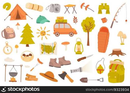 C&ing and hiking isolated objects set. Collection of tent, car, forest, binoculars, fishing, map, mushroom, backpack, compass, tourism tools. Vector illustration of design elements in flat cartoon