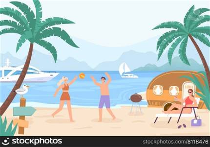 C&ing and outdoor activities near sea or ocean. Summer recreation outdoor, leisure vacation beach illustration. C&ing and outdoor activities near sea or ocean