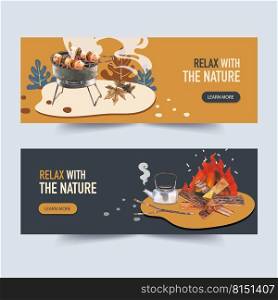 C&ing banner design with barbeque, grill stove, c&fire watercolor illustration    