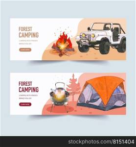 C&ing banner design with c&fire, car, tent, grill stove watercolor illustration    