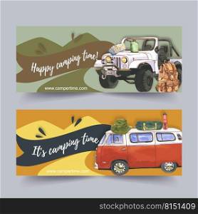 C&ing banner design with car, backpack, map, tent watercolor illustration.  